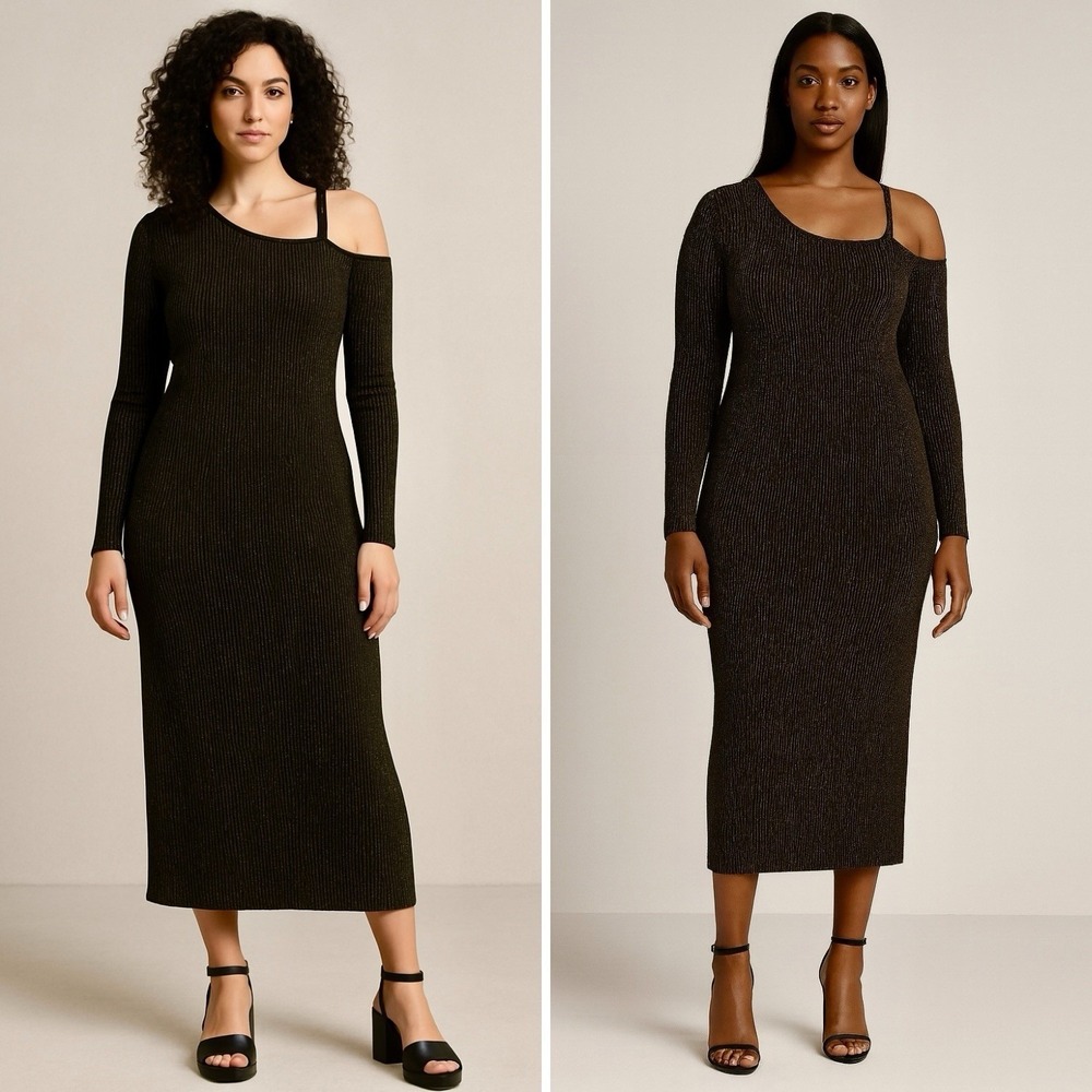 Long Tall Sally Black Gold Ribbed Knit Maxi Dress Size 18 Long Sleeve Party Sexy